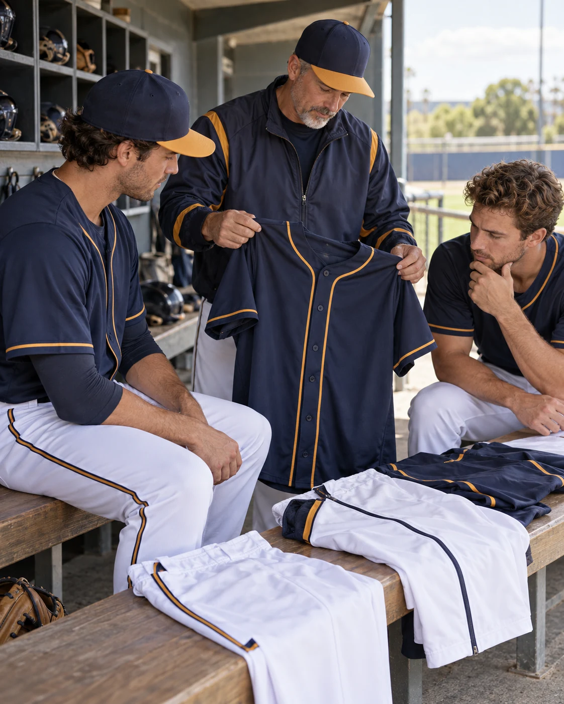 Baseball team and coach reviewing apparel ahead of a club order