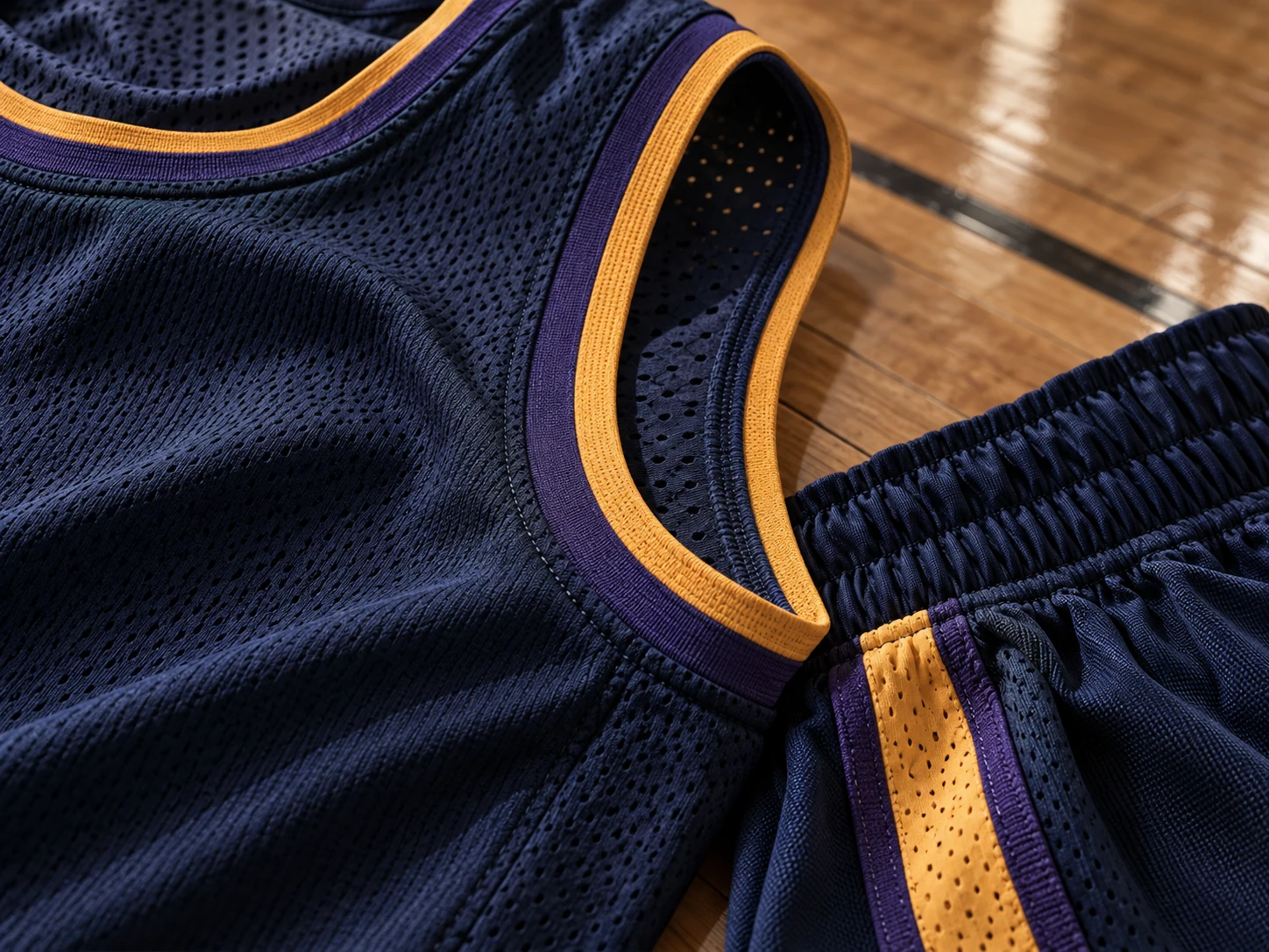 Close-up of basketball apparel fabric and garment construction