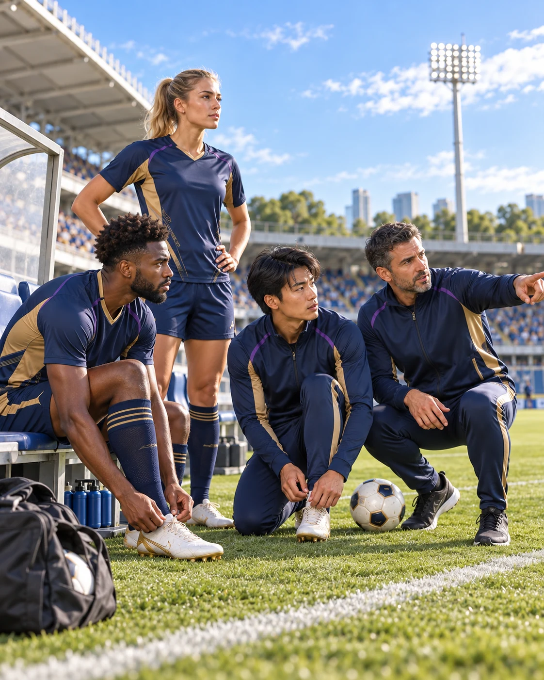 Soccer squad preparing together before training in coordinated club apparel